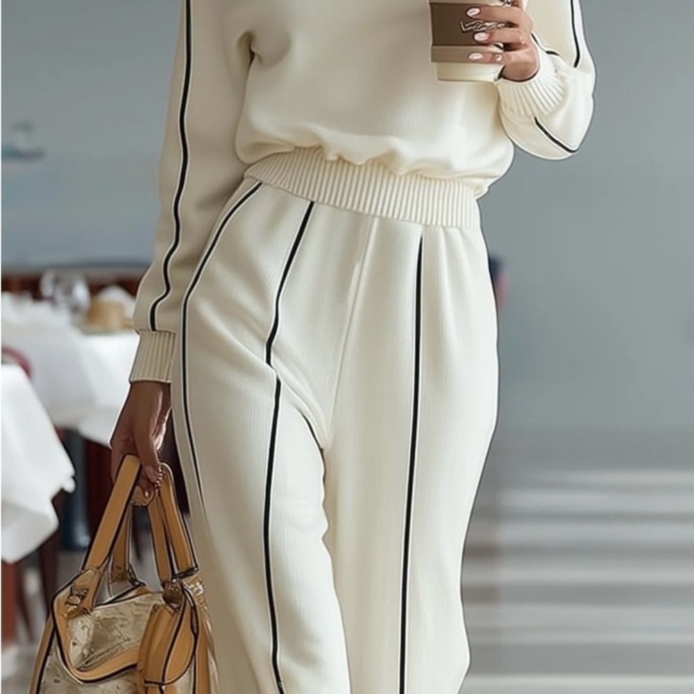 Elegant Cream Women's Pants Set with Black Stripes